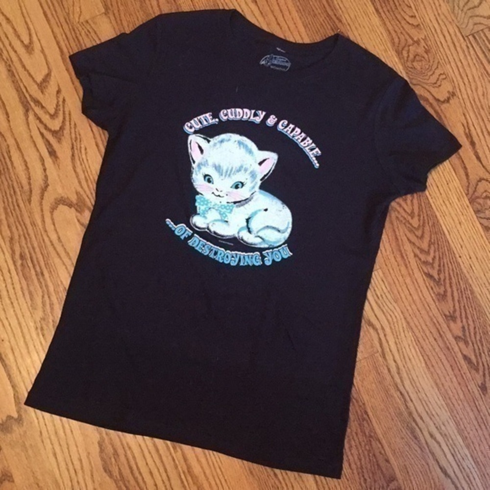 New Cute Retro White Cat Kitten Women’s Black Cotton Graphic Tee Sz XL